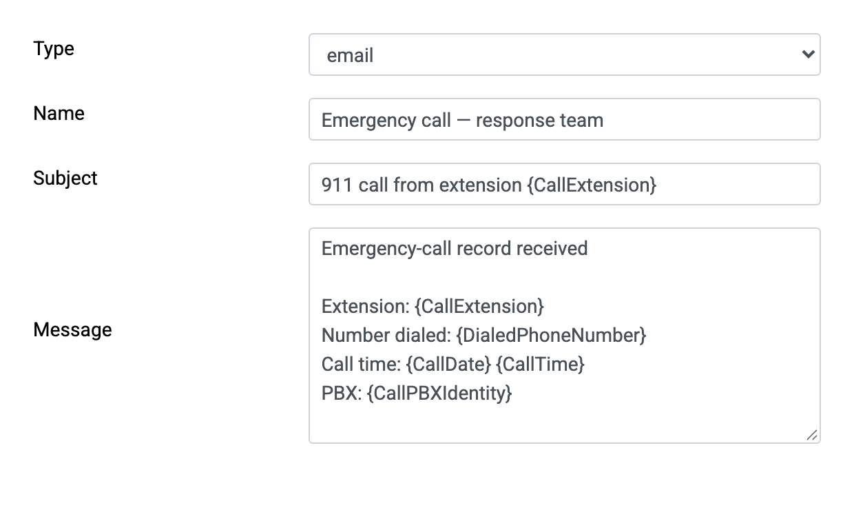 Native alert editor: email template with extension, dialed number, call time and PBX variables