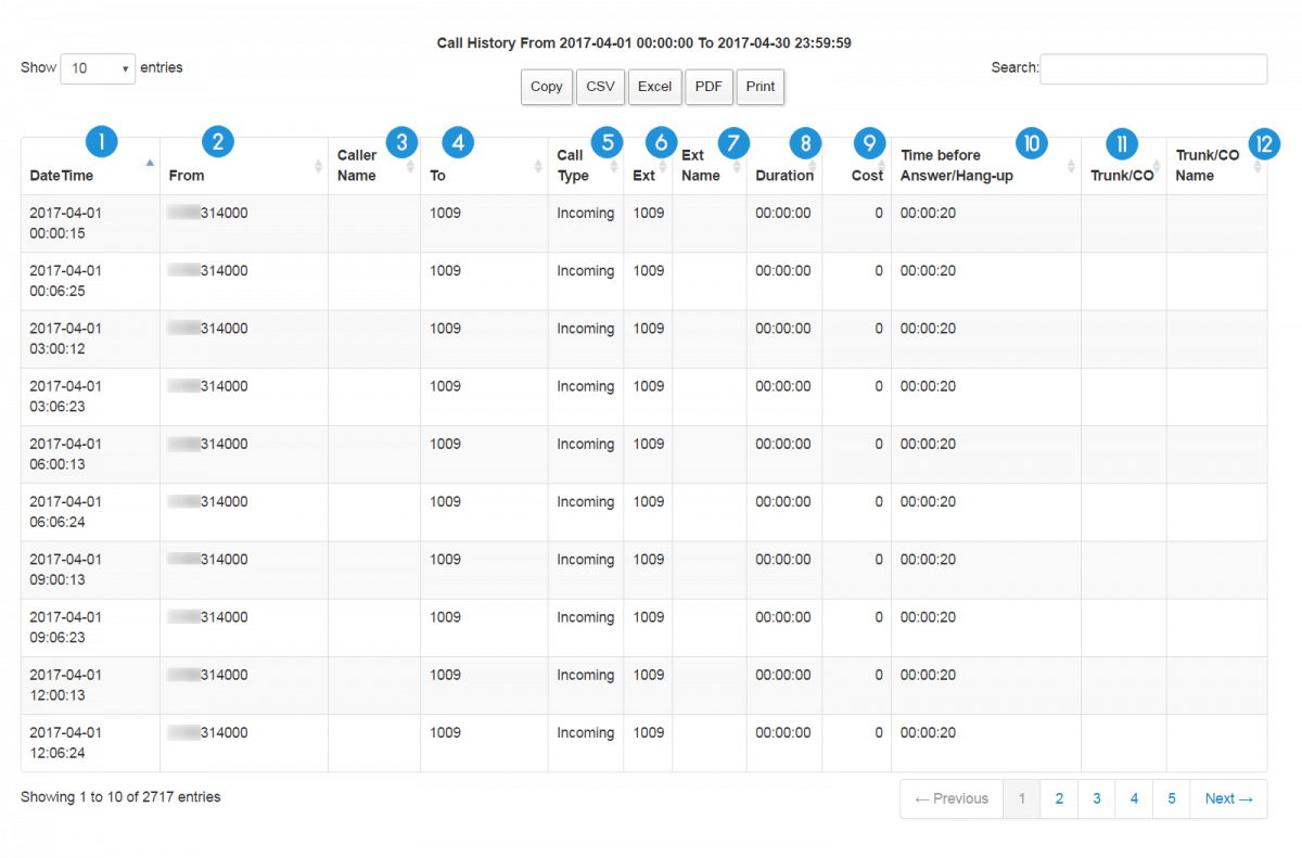 Sample Report Call History PBXDom